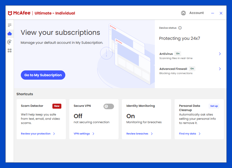McAfee+ main window — dashboard with subscription status, antivirus, VPN, and identity monitoring (PCMag)